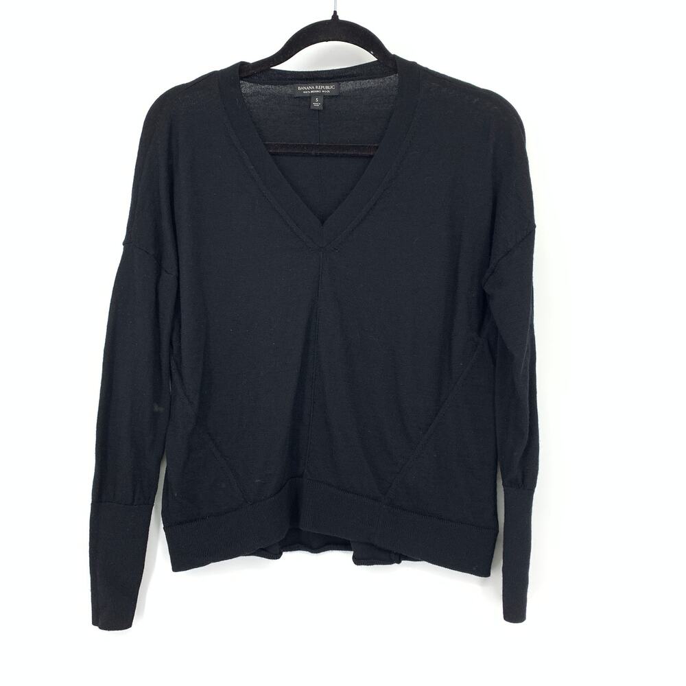 Banana Republic Pullover V-Neck Sweater Womens Size Small Black 100% Merino Wool